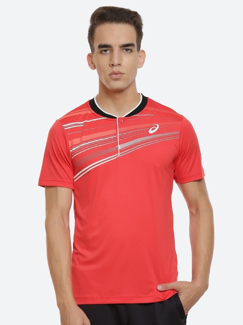 

ASICS Men Red Striped Mandarin Collar T-shirt