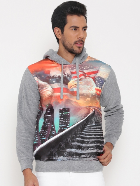 

Cloak & Decker by Monte Carlo Grey Melange & Orange Printed Hooded Sweatshirt