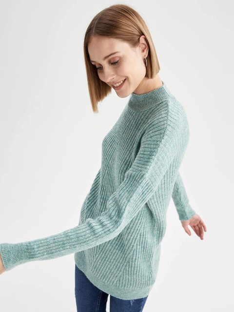 

DeFacto Women Blue Ribbed Longline Turtle Neck Pullover Sweater