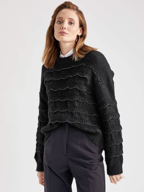 

DeFacto Women Black Scalloped Lace Knit Patterned Relaxed Fit Pullover