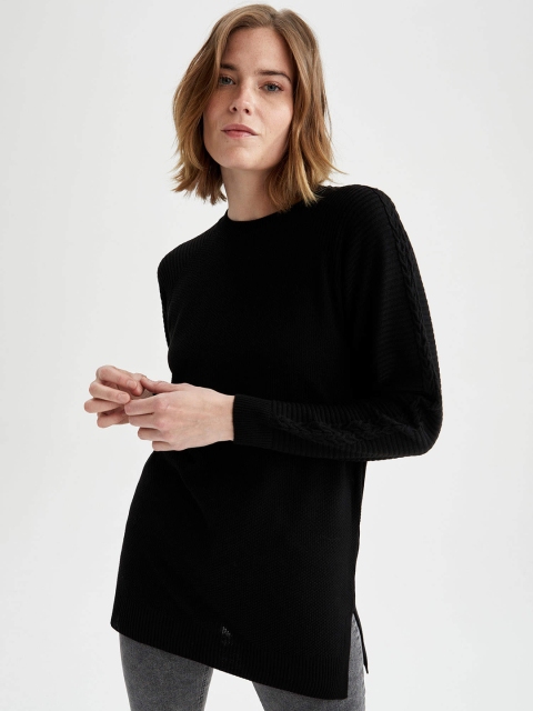 

DeFacto Women Black Self Design Longline Pullover Sweater