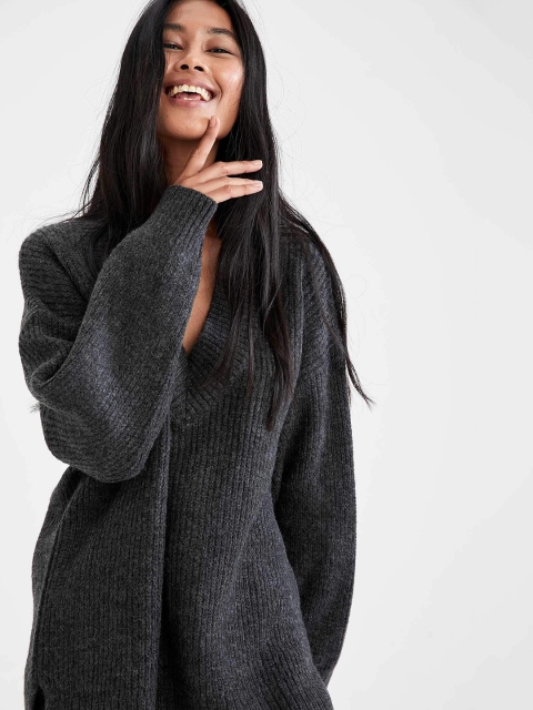 

DeFacto Charcoal Grey Oversized Ribbed Tunic