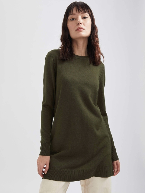 

DeFacto Women Olive Green Solid Longline Pullover