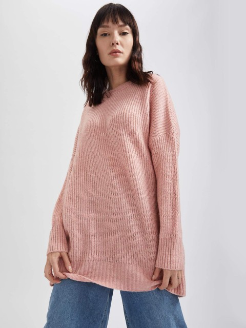 

DeFacto Women Peach-Coloured Solid Longline Pullover