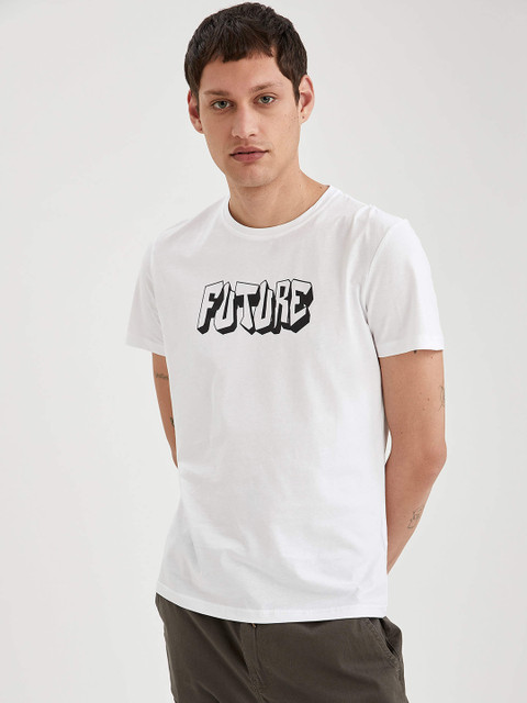 

DeFacto Men White & Black Typography Print Pure Cotton Slim Fit T-shirt
