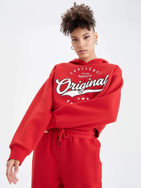 

DeFacto Women Red Printed Hooded Sweatshirt
