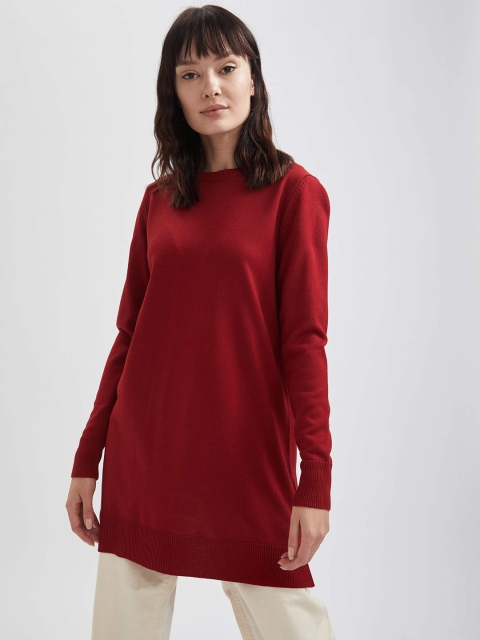 

DeFacto Women Red Solid Longline Pullover Sweater