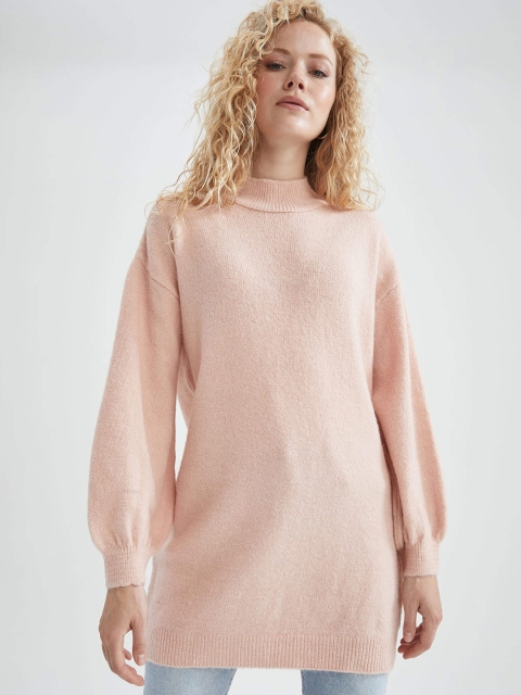 

DeFacto Women Pink Solid Longline Turtle Neck Pullover Sweater