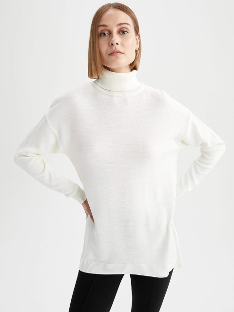 

DeFacto Women White Solid Longline Turtle Neck Pullover Sweater