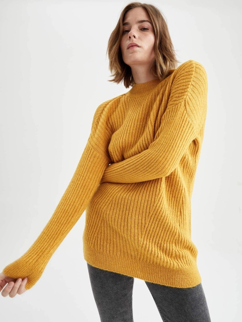 

DeFacto Mustard Yellow Ribbed High Neck Pullover