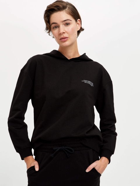 

DeFacto Women Black Pure Cotton Solid Hooded Sweatshirt