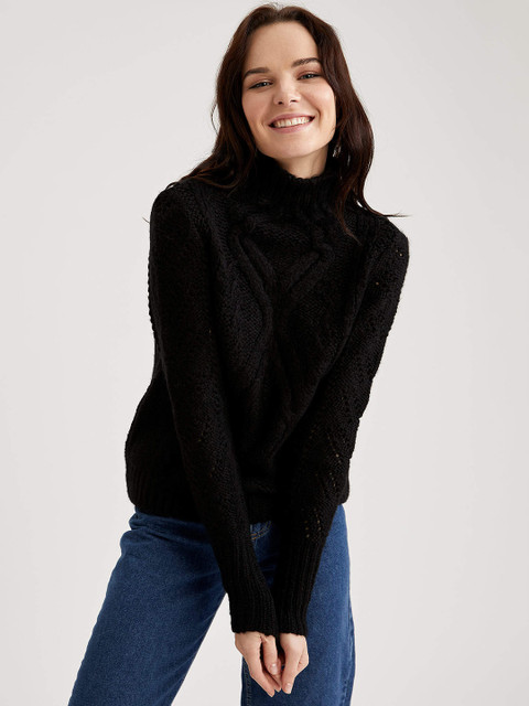 

DeFacto Women Black Cable Knit Turtle Neck Pullover Sweater