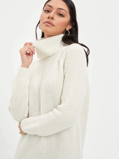 

DeFacto Women Off-White Solid Longline Pullover