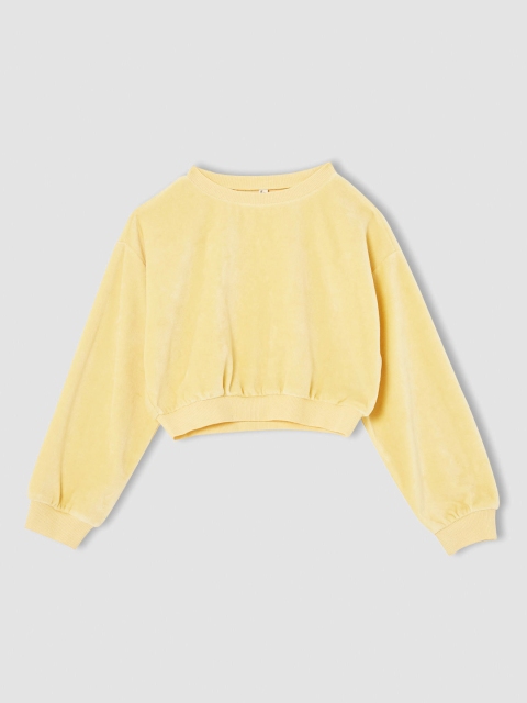 

DeFacto Girls Yellow Solid Relaxed Fit Velvet Finish Crop Sweatshirt