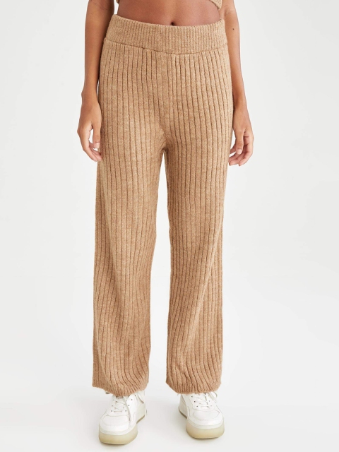 

DeFacto Women Beige Self-Striped Parallel Trousers