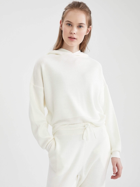 

DeFacto Women White Solid Hooded Pullover