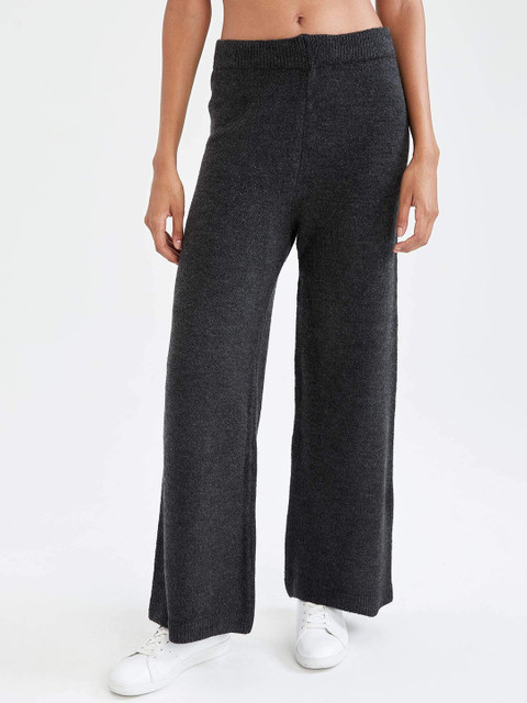 

DeFacto Women Charcoal Grey Solid Parallel Trousers