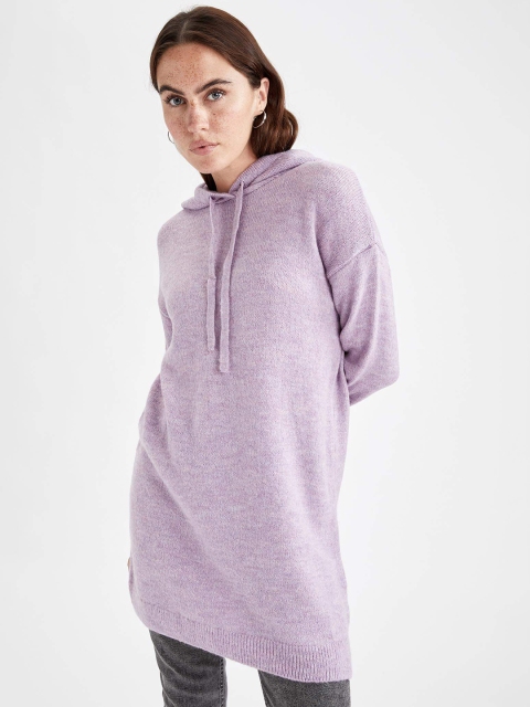

DeFacto Women Purple Solid Hooded Longline Pullover