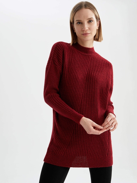 

DeFacto Women Red Ribbed Longline Turtle Neck Pullover