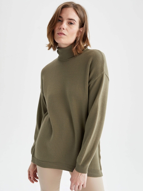 

DeFacto Women Olive Green Solid Longline Turtle Neck Pullover Sweater