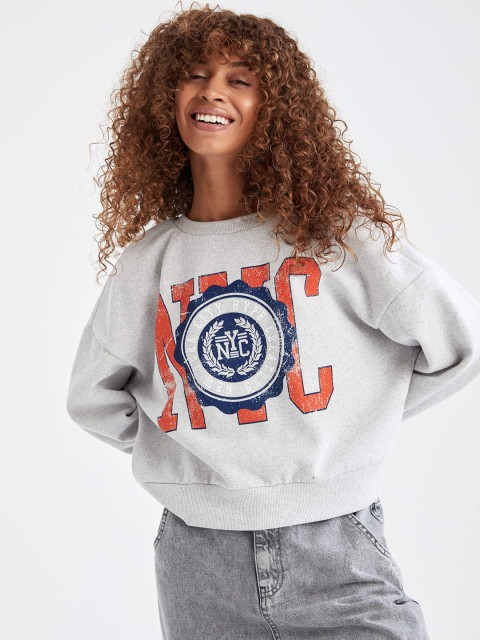 

DeFacto Women Grey Conversational Printed Crop Sweatshirt