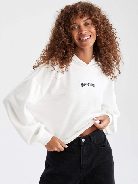 

DeFacto Women White Typographical Printed Crop Hooded Sweatshirt