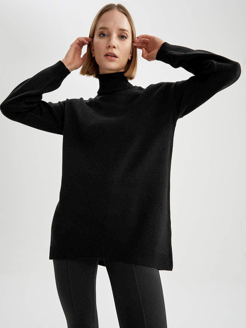 

DeFacto Women Black Turtle Neck Longline Pullover