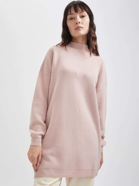 

DeFacto Women Pink Solid Longline Turtle Neck Pullover Sweater