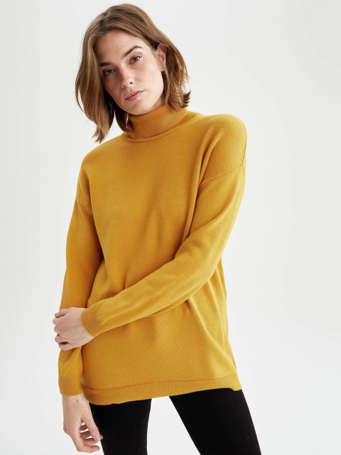 

DeFacto Women Mustard Yellow Solid Longline Turtle Neck Pullover Sweater