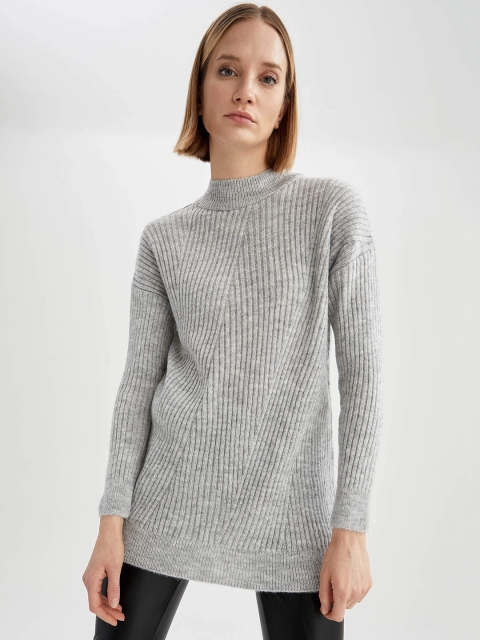 

DeFacto Women Grey Melange Ribbed Longline Turtle Neck Pullover Sweater