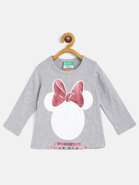 

United Colors of Benetton Girls Grey Melange & White Cotton Minnie Mouse Print T-shirt