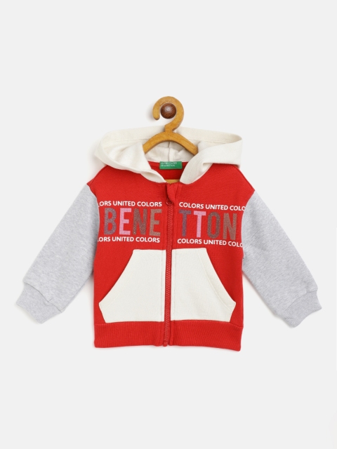 

United Colors of Benetton Girls Red & Off-White Cotton Brand Logo Print Hooded Sweatshirt
