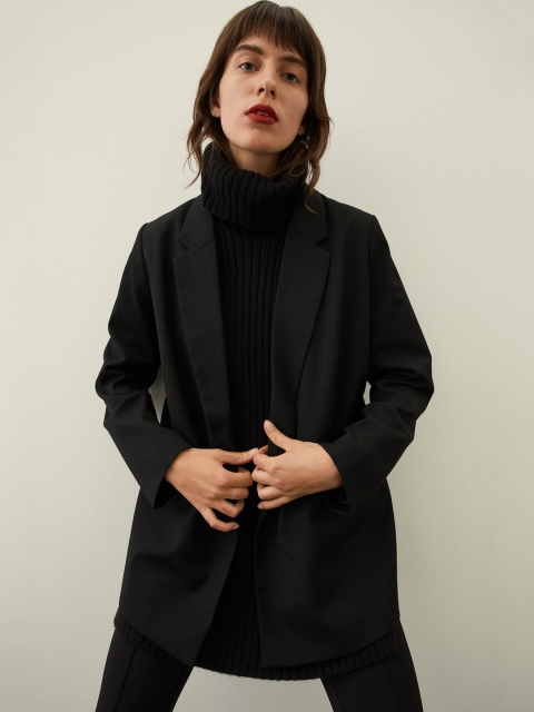 

H&M Women Black Solid Double-Breasted Blazer