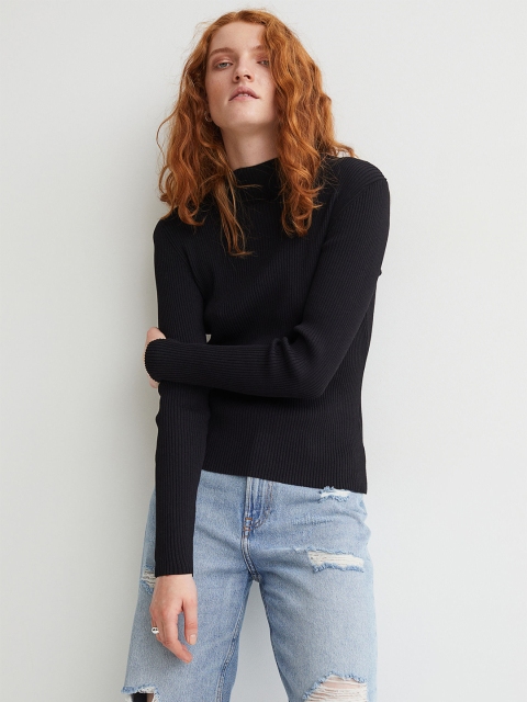 

H&M Women Black Solid Rib-Knit Jumper