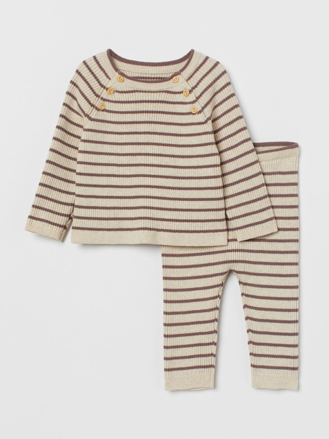 

H&M Girls Beige & Brown Striped Pure Cotton Jumper & Trousers