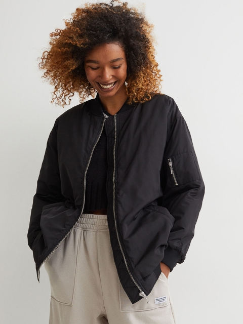 

H&M Women Black Solid Oversized Bomber Jacket