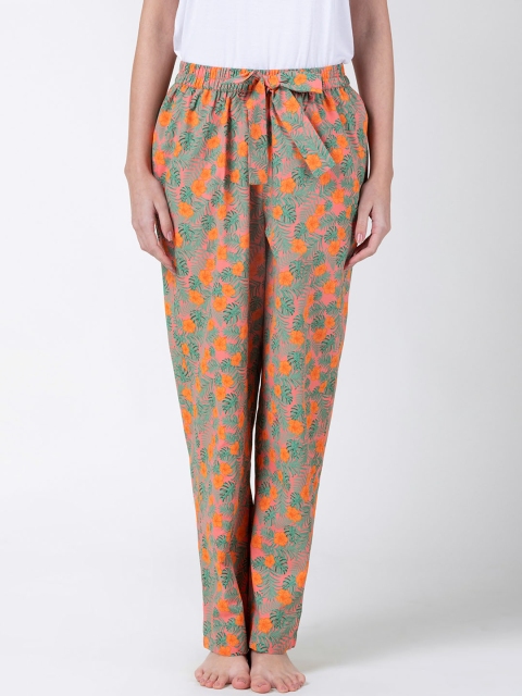 

Not Just Pyjamas Women Orange & Green Floral Printed Cotton Lounge Pants