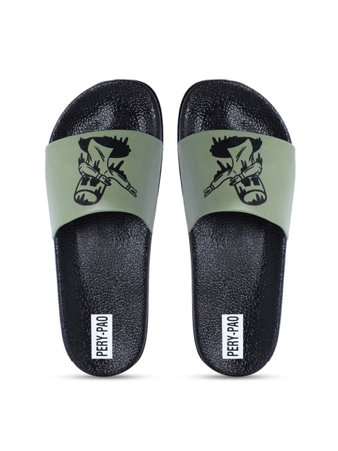 

PERY PAO Men Green & Black Printed Rubber Sliders