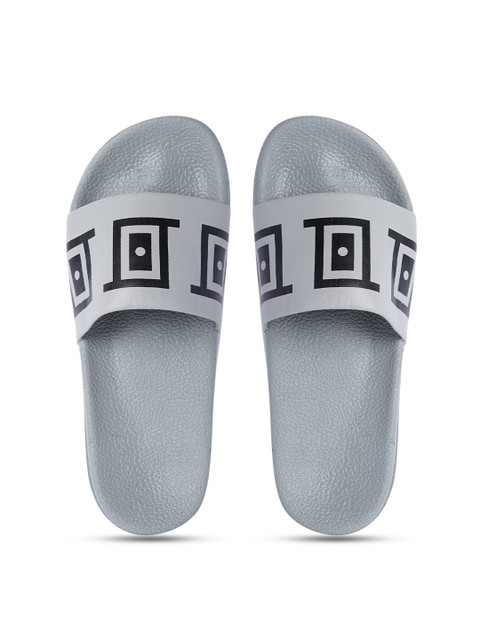 

PERY PAO Men Grey & Black Printed Rubber Sliders