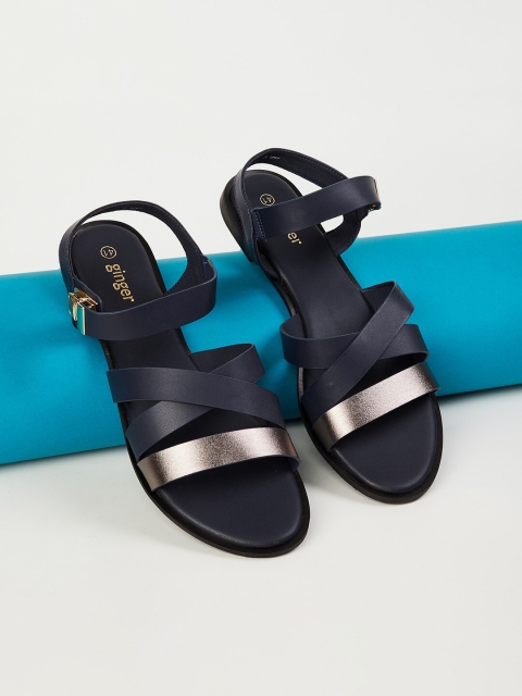 

Ginger by Lifestyle Navy Blue & Silver-Toned PU Open Toe Sandals with Backstrap