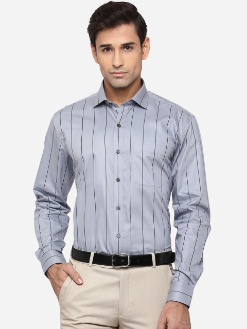 

JADE BLUE Men Pure Cotton Grey Striped Regular Fit Formal Shirt