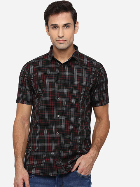 

JADE BLUE Men Black & Red Slim Fit Checked Pure Cotton Casual Shirt