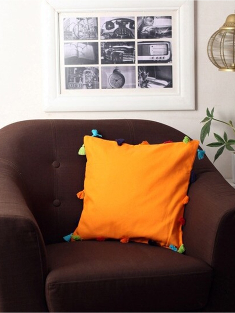 

Lushomes Orange & Blue Set of 5 Cotton Square Cushion Covers with Colorful Tassels