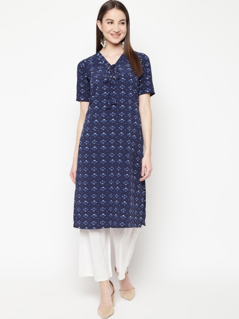 

Napra Women Navy Blue & Off White Geometric Printed Georgette Kurta