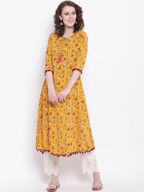 

Napra Women Mustard Yellow & Pink Floral Printed Georgette Kurta