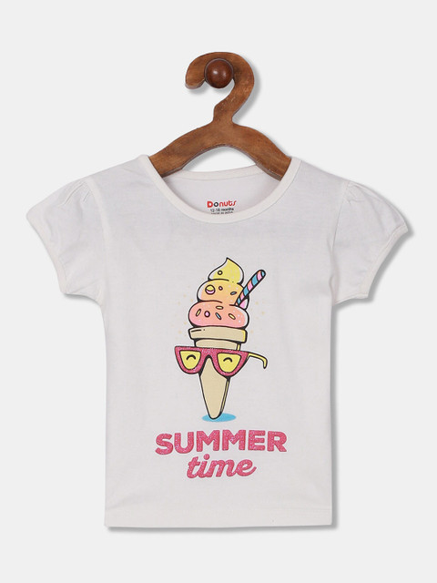 

Donuts Girls White Printed Puff Sleeves Pure Cotton T-shirt