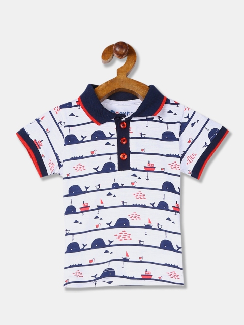 

Donuts Boys White & Navy Blue Striped Polo Collar Pure Cotton T-shirt