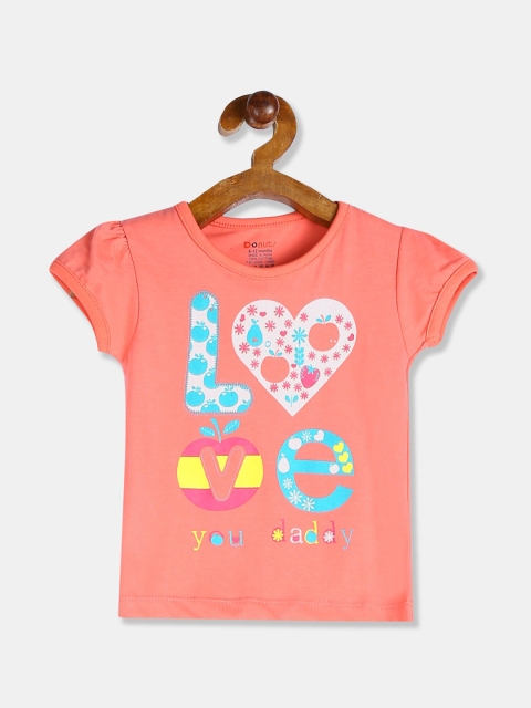 

Donuts Girls Pink Typography Printed Puff Sleeves Cotton T-shirt