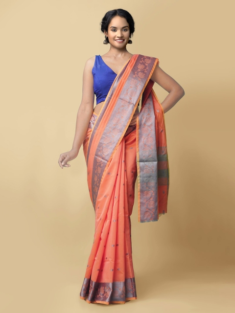 

Unnati Silks Orange & Blue Woven Design Silk Cotton Baluchari Saree