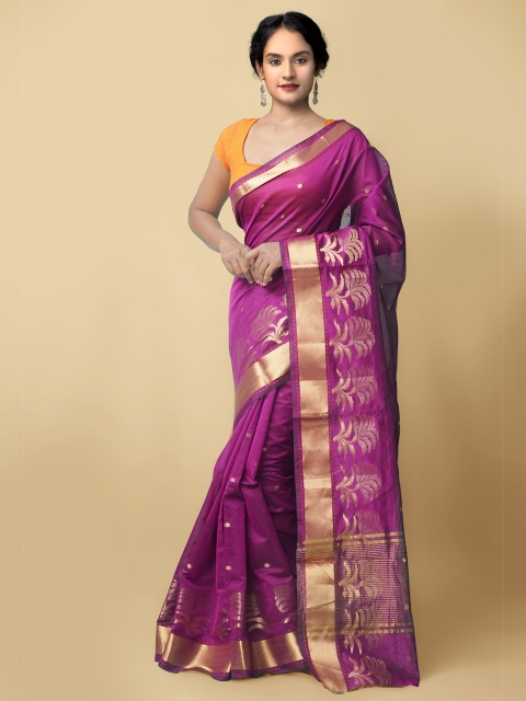 

Unnati Silks Purple & Gold-Toned Woven Design Zari Silk Cotton Baluchari Saree